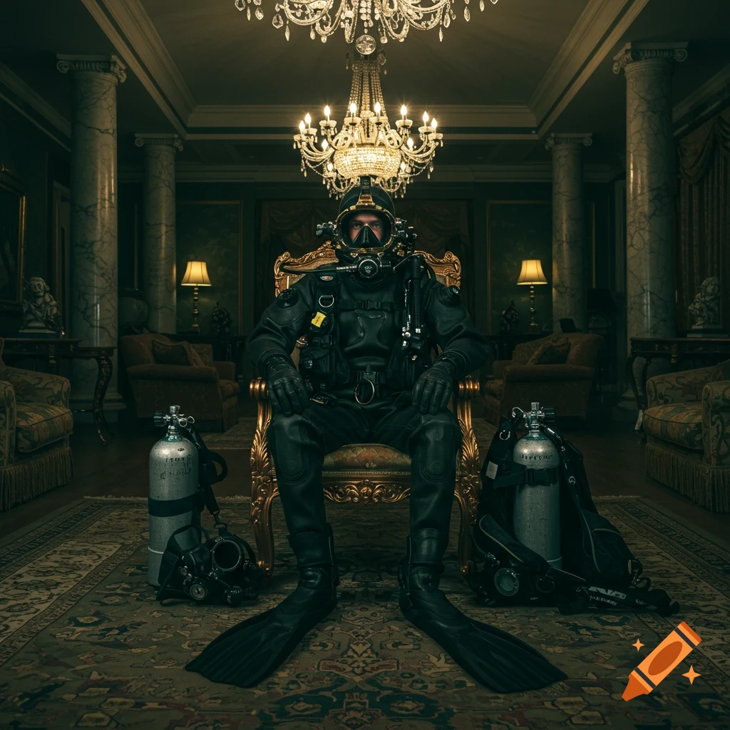 A diver in full black scuba gear sits on an ornate golden chair in a lavish, dimly lit room.