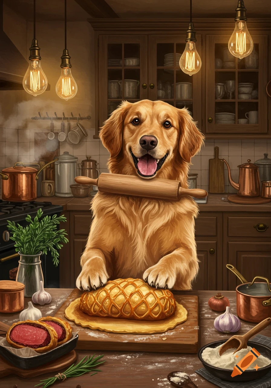 A happy golden retriever bakes beef wellington, holding a rolling pin, in a rustic kitchen setting with various ingredients.