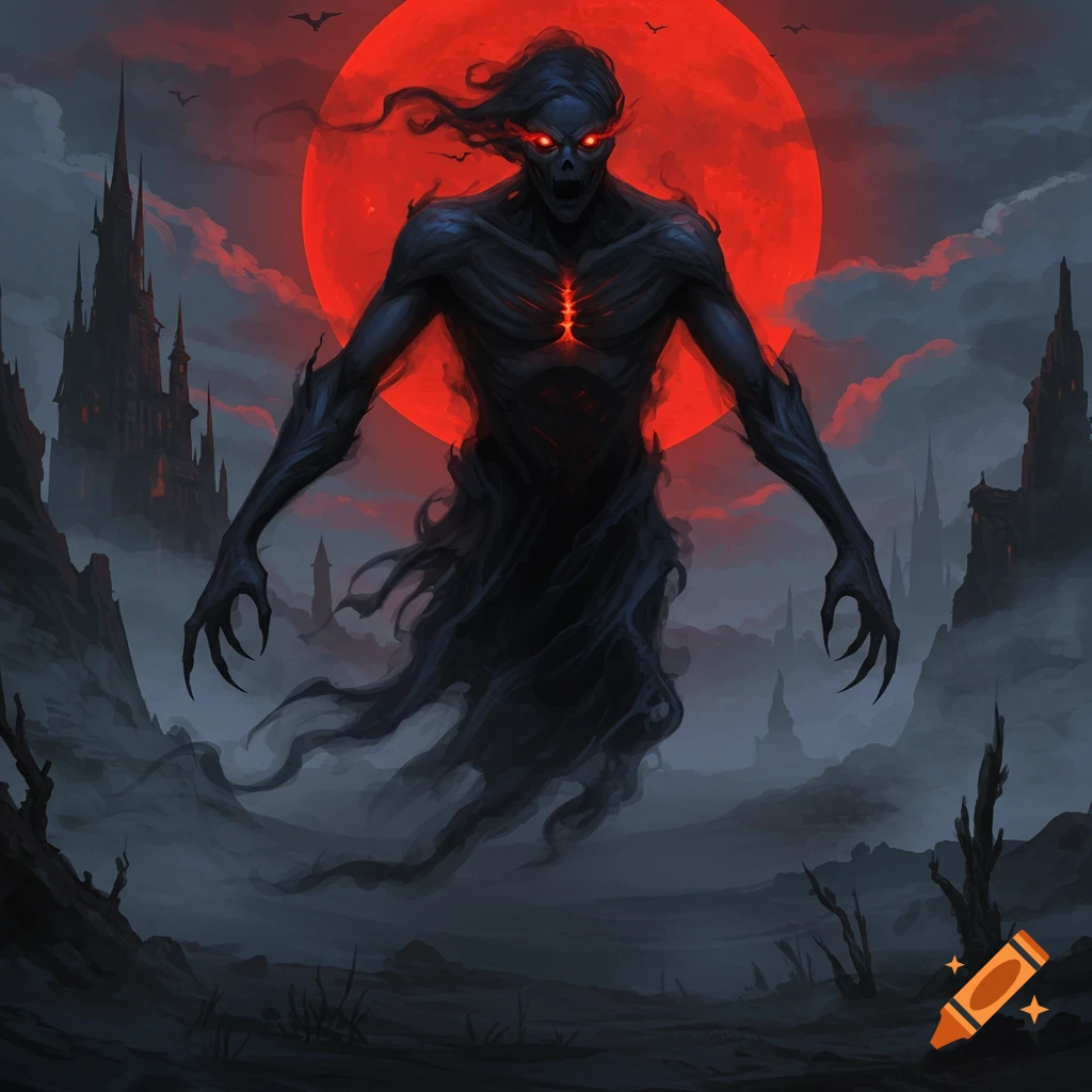 A dark, shadowy skeletal creature with glowing red eyes and chest under a blood-red moon in a gothic, foggy landscape.