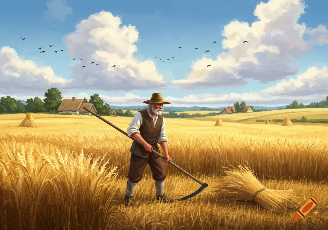 An illustrated old man harvests golden wheat with a scythe in a sunny field under a blue sky, with farmhouses in the distance.