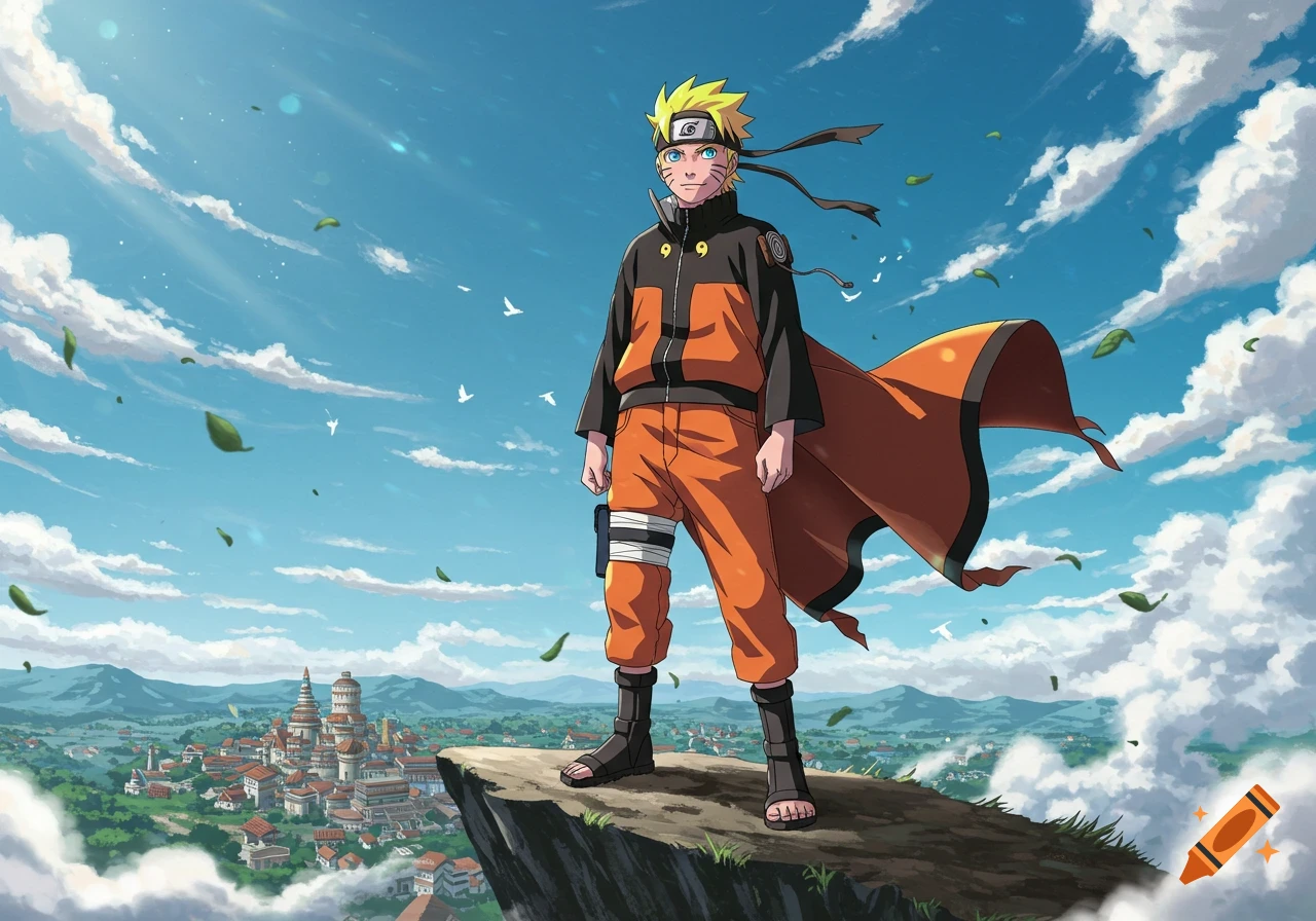 Naruto stands heroically on a cliff overlooking a vibrant village under a bright blue sky with scattered clouds.