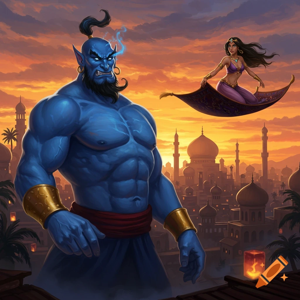An angry blue genie and a princess on a flying carpet over an Arabian city at sunset, fantasy illustration.