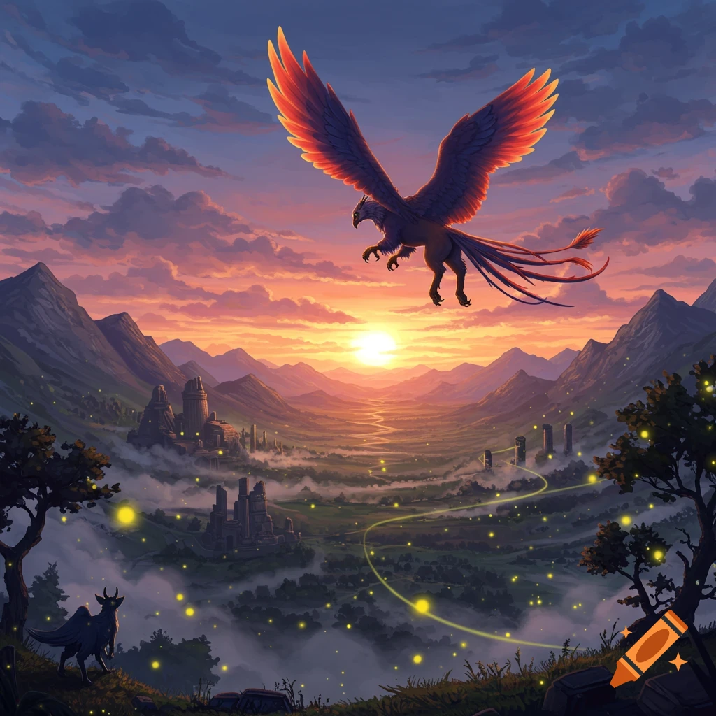 A majestic griffin-like creature flies over a misty fantasy valley with ancient ruins, glowing lights, mountains, and a brilliant sunset.
