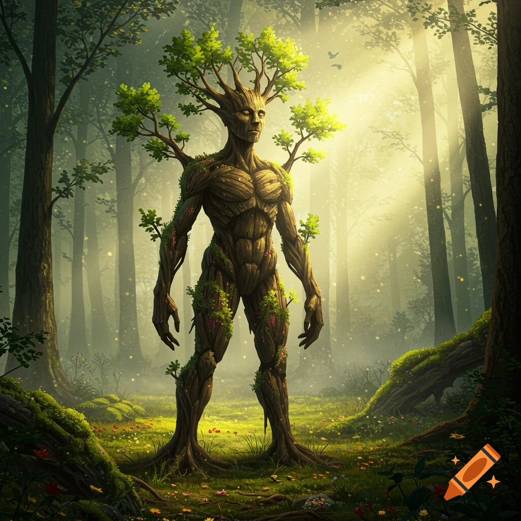 A humanoid tree creature with branches and leaves on its head and shoulders stands in a vibrant, sunlit forest.