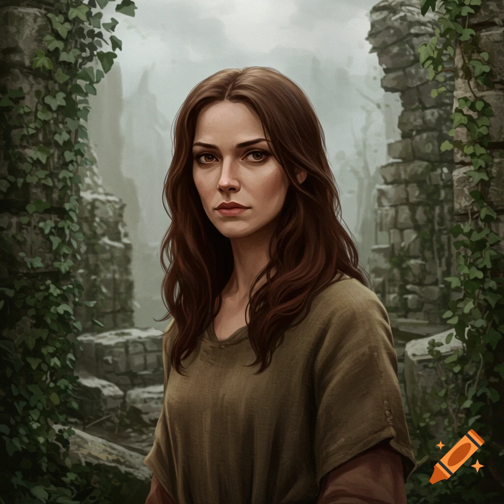 A serious woman with long brown hair in a simple medieval dress stands amidst ivy-covered ancient ruins.