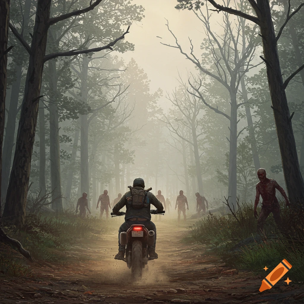 A lone biker rides away from a horde of zombies on a dirt path through a foggy, eerie forest, in a post-apocalyptic art style.