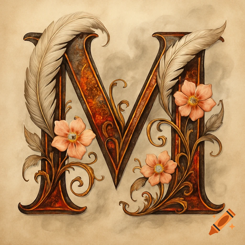 An ornate capital letter M, decorated with light feathers, golden vines, and peach flowers, on a textured background.