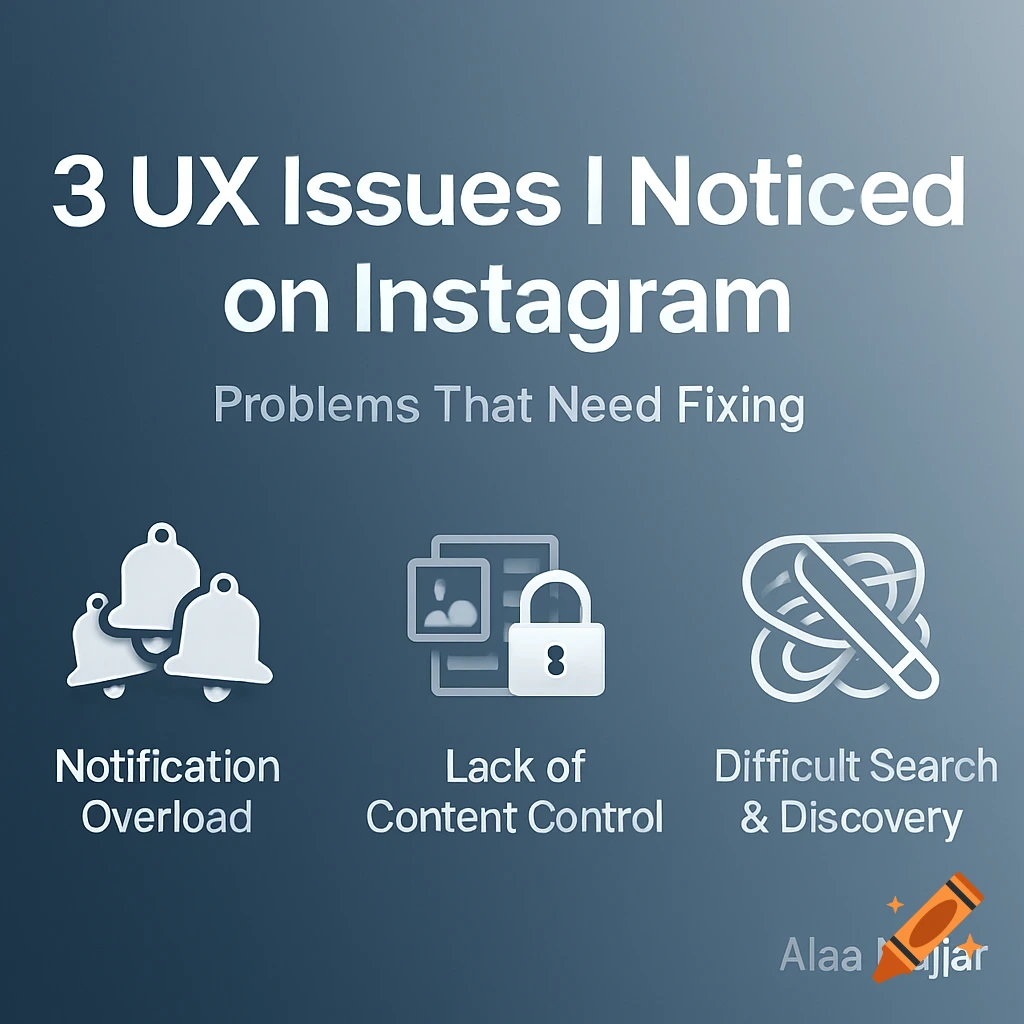 Infographic titled '3 UX Issues I Noticed on Instagram' with icons for Notification Overload, Lack of Content Control, and Difficult Search & Discovery.