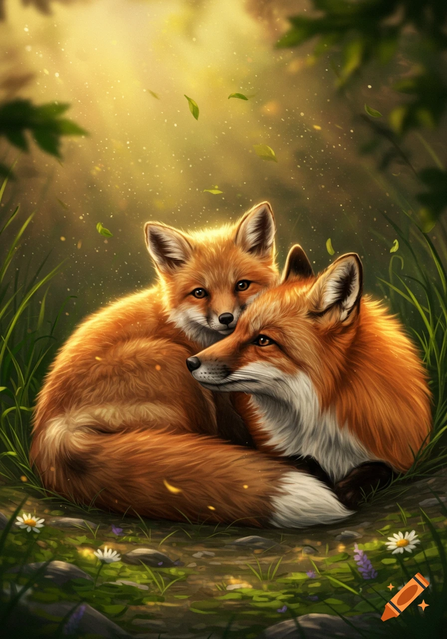 Two fluffy red foxes cuddle together on a forest floor, bathed in warm sunlight, surrounded by grass and wildflowers.