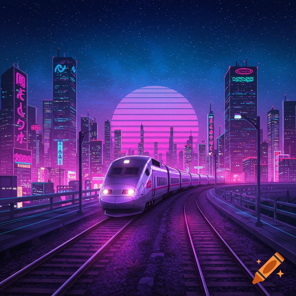 A sleek bullet train on tracks against a neon-lit synthwave cityscape with a large striped pink sun.