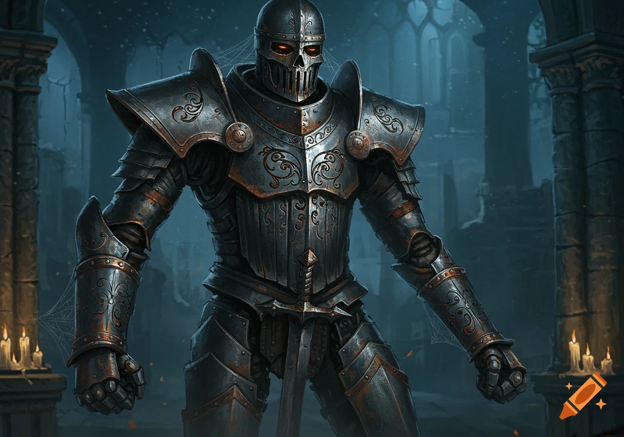 A menacing knight in dark, rusty ornate armor with glowing red eyes stands in a gothic ruin.