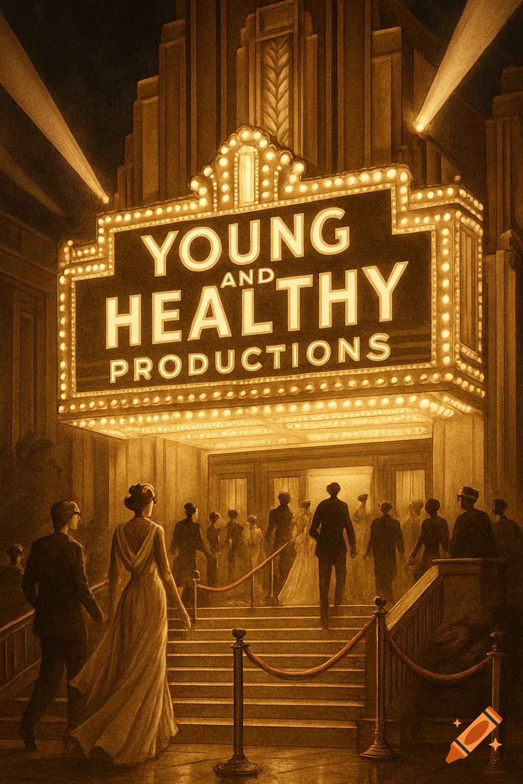 Art Deco theater entrance at night with a bright marquee reading 'Young and Healthy Productions,' and people in vintage attire entering.