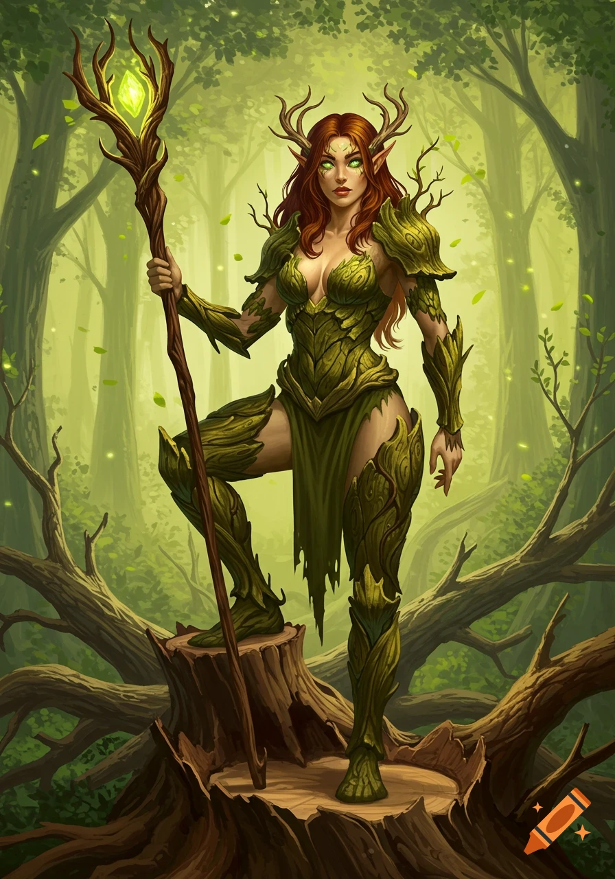 A female druid in bark armor with antlers and a staff stands on a tree stump in a magical forest.