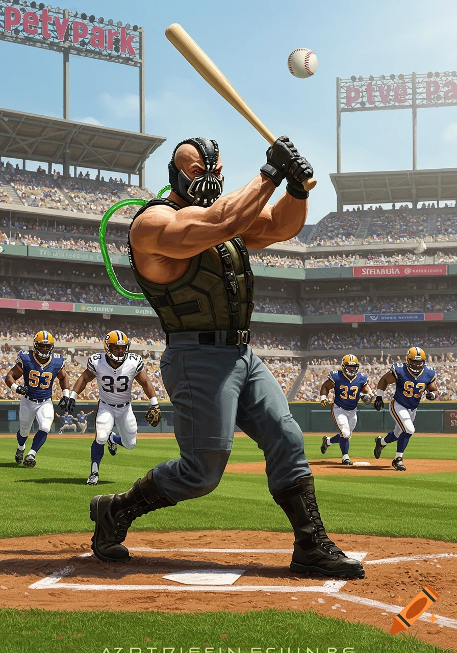 Bane in a baseball stadium, wearing his mask and vest, swinging a bat at a baseball. Four football players run on the grass infield behind him.