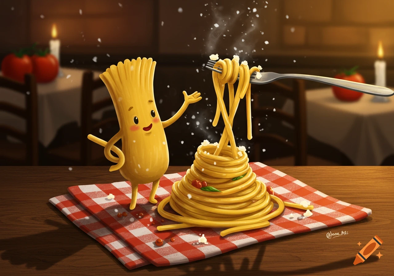 Whimsical cartoon of a happy pasta character beside a plate of spaghetti, with a fork lifting noodles, in a restaurant.