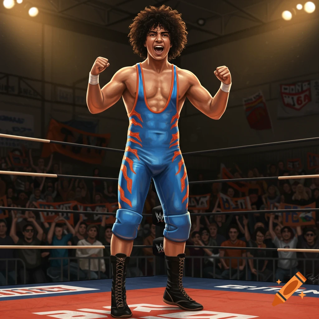 A young male wrestler with curly hair in a blue and orange singlet stands flexing in a wrestling ring before a cheering crowd, illustration.