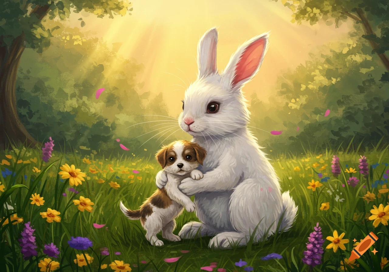 A cute white rabbit embraces a small brown and white puppy in a sunny meadow filled with colorful flowers, digital illustration.
