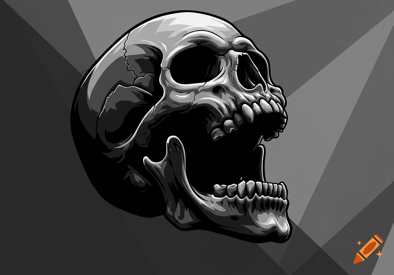 A stylized black and white vector illustration of a screaming skull with an open mouth, looking slightly upwards.