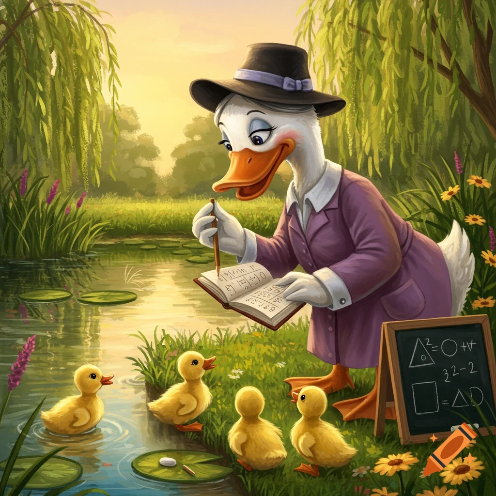 Cartoon duck teacher in a purple coat and hat, holding a book, teaches four ducklings by a pond with a blackboard.