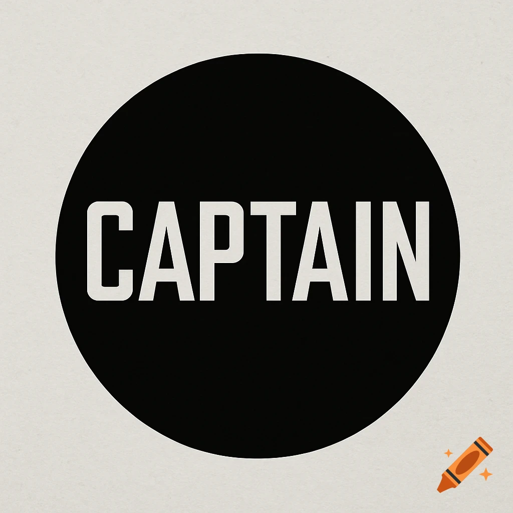 A minimalist logo featuring the word 'CAPTAIN' in white uppercase letters, centered on a solid black circle, against a light beige background.