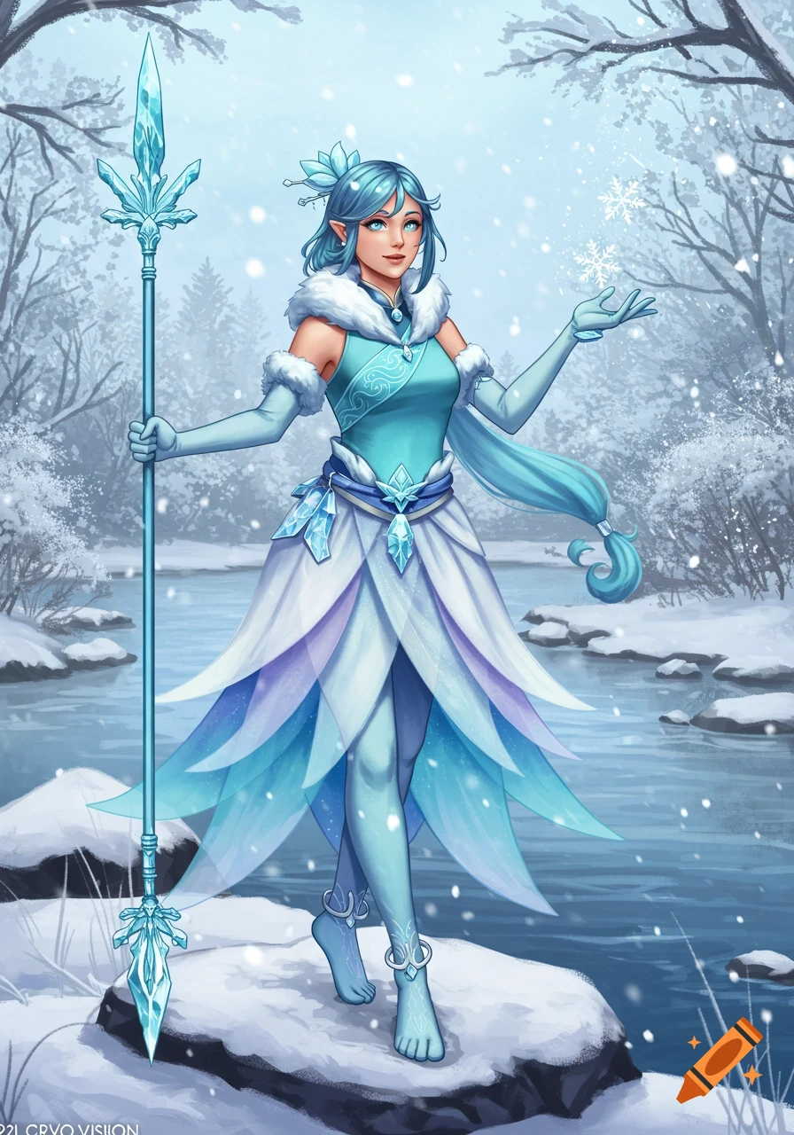 A blue-haired elf-like woman in an aqua and white dress, holding a crystal spear and scattering snowflakes in a snowy winter forest, digital art.