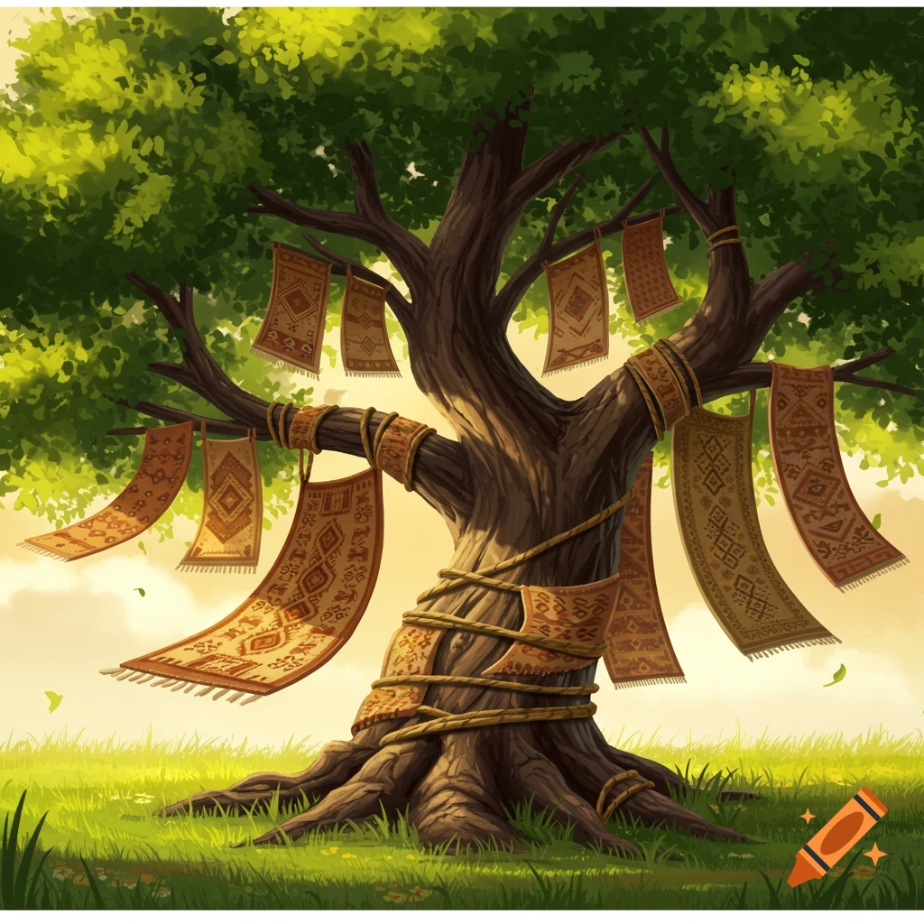 A stylized illustration of a large, gnarled tree adorned with numerous colorful, patterned rugs and mats hanging from its branches, set in a sunny, grassy field.