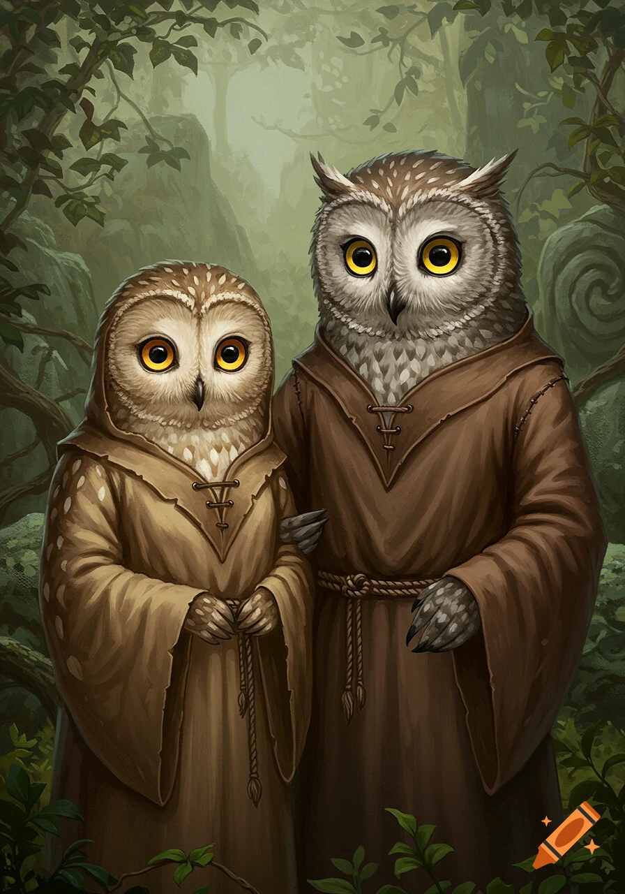 Two owl-folk in brown hermit robes stand arm-in-arm in a misty forest, rendered in a detailed oil painting fantasy style.