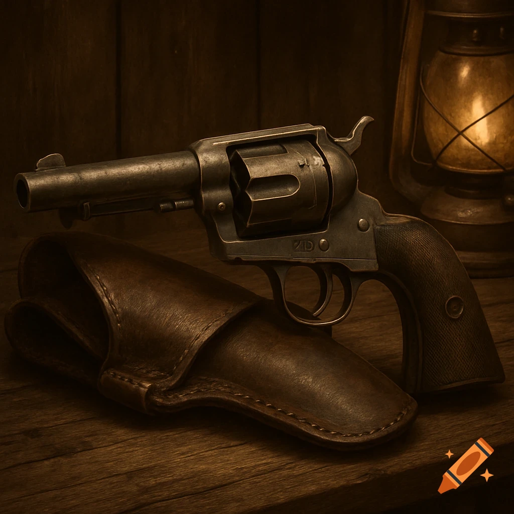 A vintage revolver and leather holster rest on a wooden table, with a glowing lantern in the background. The lighting is dim and warm, creating a rustic feel.