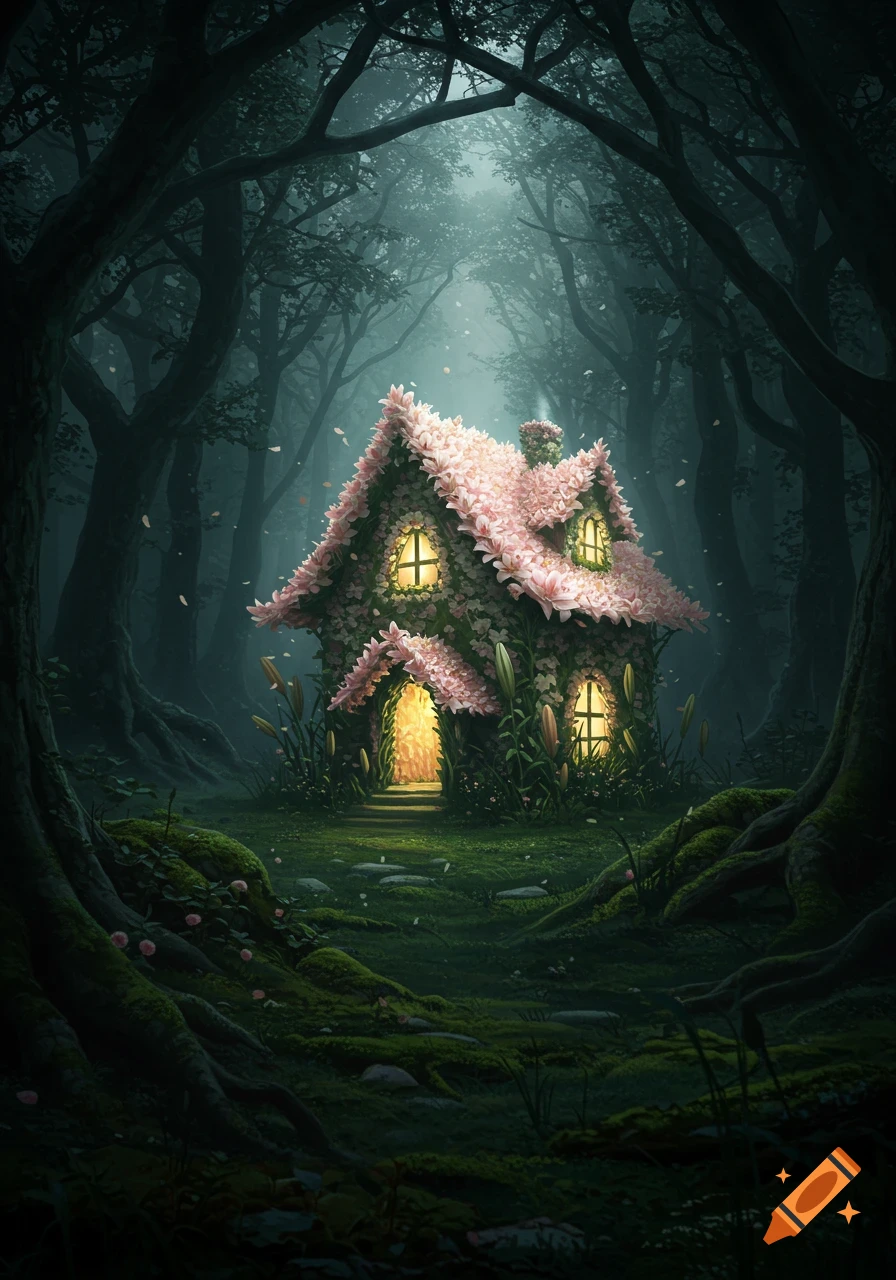 A charming house made of pink flowers with glowing windows in a dark, enchanted forest.