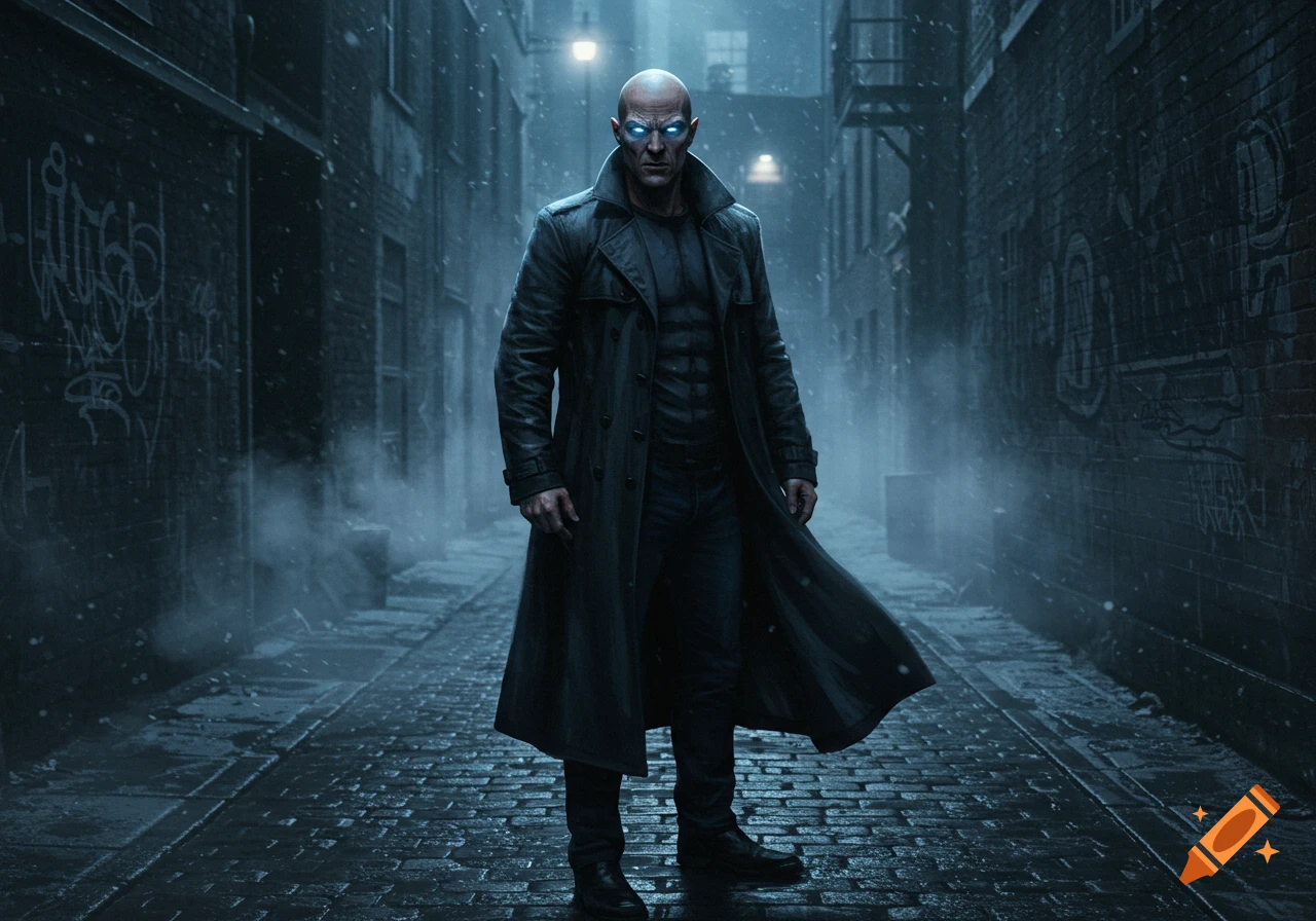 Photorealistic image of a menacing bald man with glowing blue eyes in a dark, snowy urban alley, wearing a long trench coat.