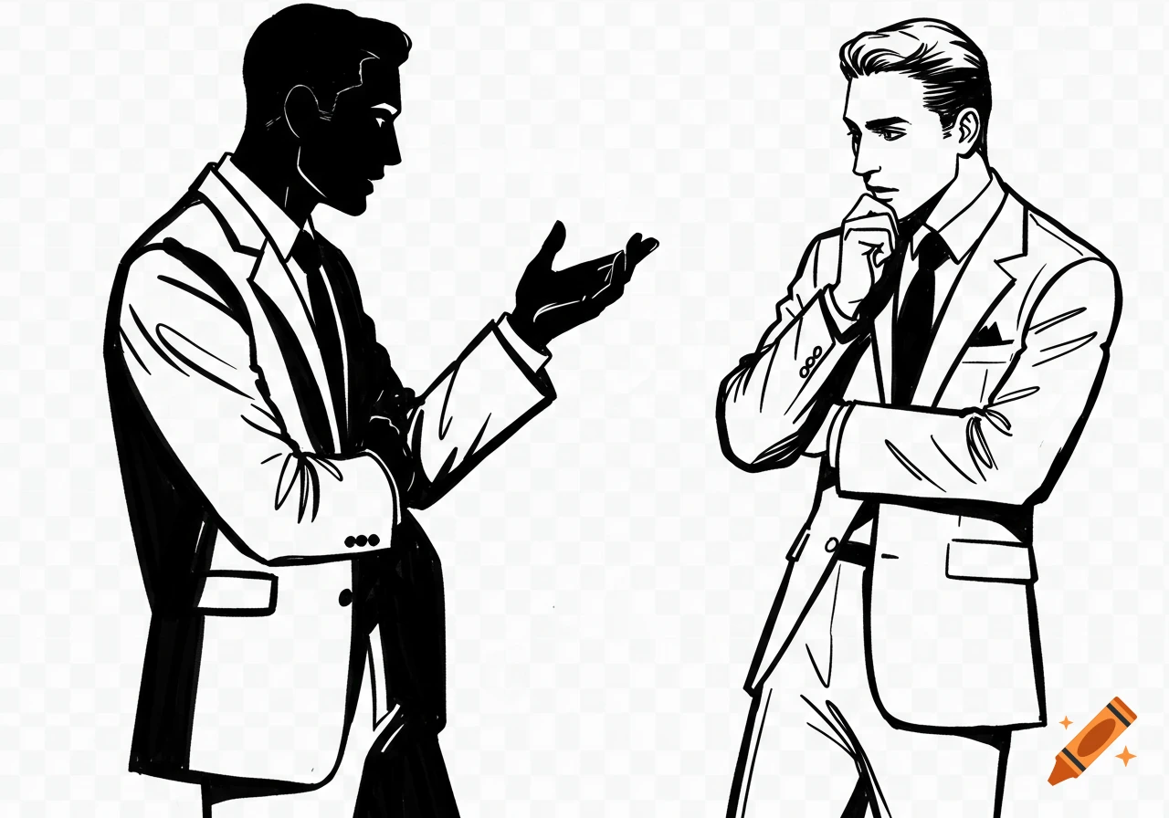 Two men in suits, in a black and white line art illustration style, one gestures while speaking to the other, who listens intently on a transparent background.