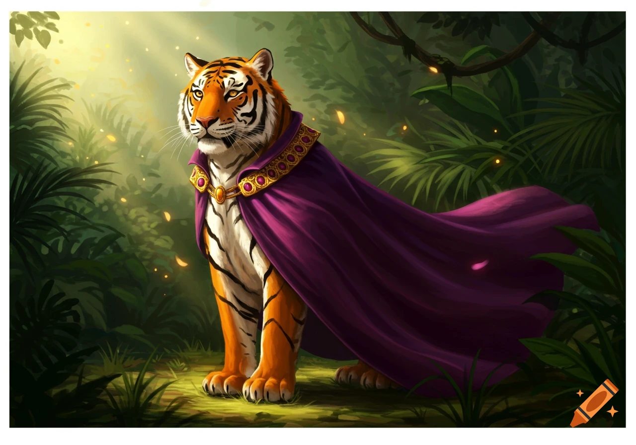 A regal tiger wearing a flowing purple cape stands in a lush, sunlit jungle.