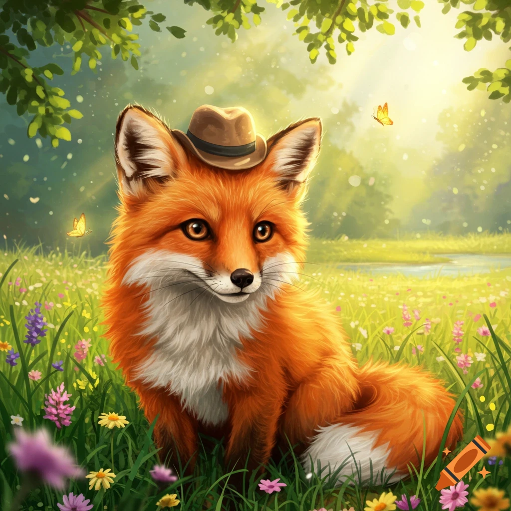 A cute orange fox wearing a small brown hat sits in a vibrant field of colorful wildflowers under green trees.
