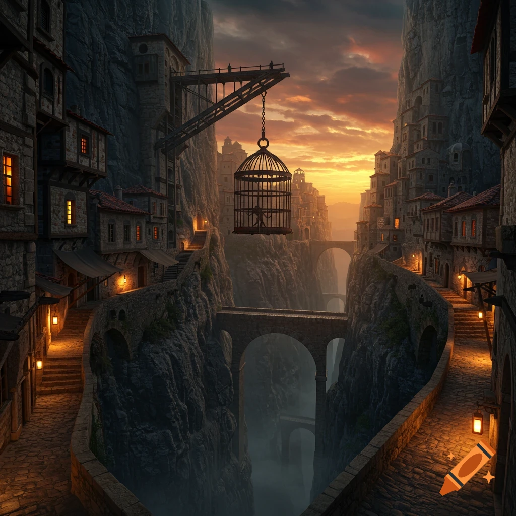 Medieval city built into a mountain cliff with a deep chasm, bridges, and a cage dangling from a lift under a sunset sky.