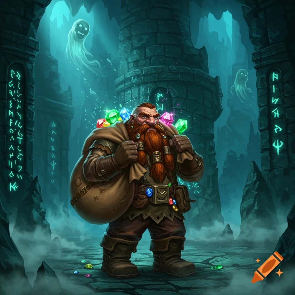 A dwarf miner carries a sack of glowing gems through an eerie, ruined labyrinth with floating ghosts in a fantasy art style.