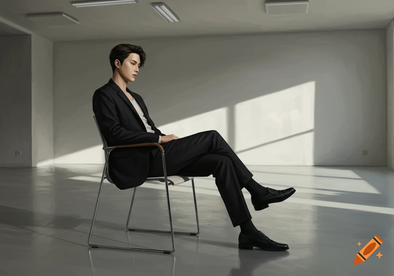 A man in a black suit sits sideways on a chair in a minimalist room, light reflecting on the floor, in a digital painting.