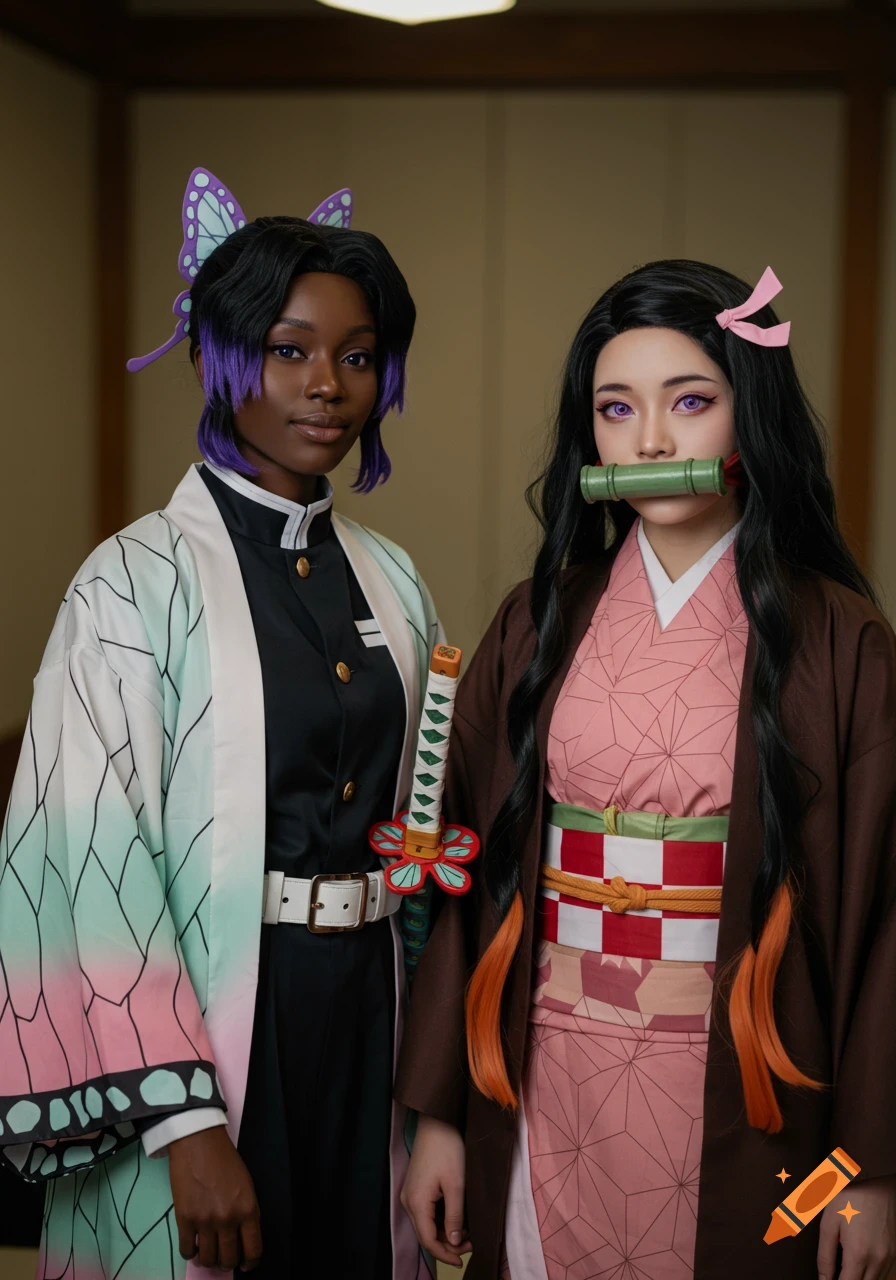 An African American cosplayer as Shinobu Kocho and a Japanese cosplayer as Nezuko Kamado, standing together in traditional outfits.