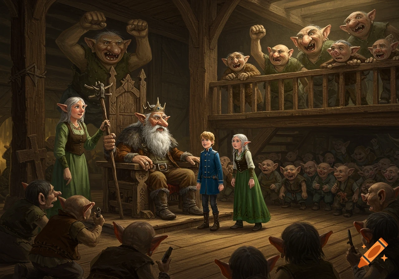 A fantasy painting of a king troll on a throne, a human boy, and an elf woman, surrounded by an angry crowd of trolls in a wooden hall.