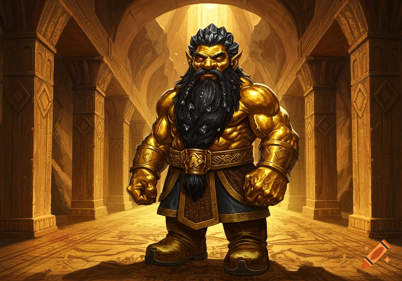 A muscular dwarf with shiny gold skin and black crystalline hair stands in a grand golden mountain hall.