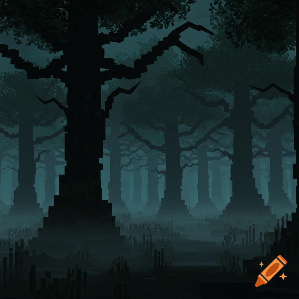 A dark, gloomy pixel art forest with tall, blocky trees and ground mist, resembling a Minecraft landscape.