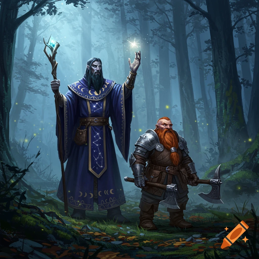 A wizard with a glowing staff and a bearded dwarf with two axes stand in a dark, magical forest. Digital painting.