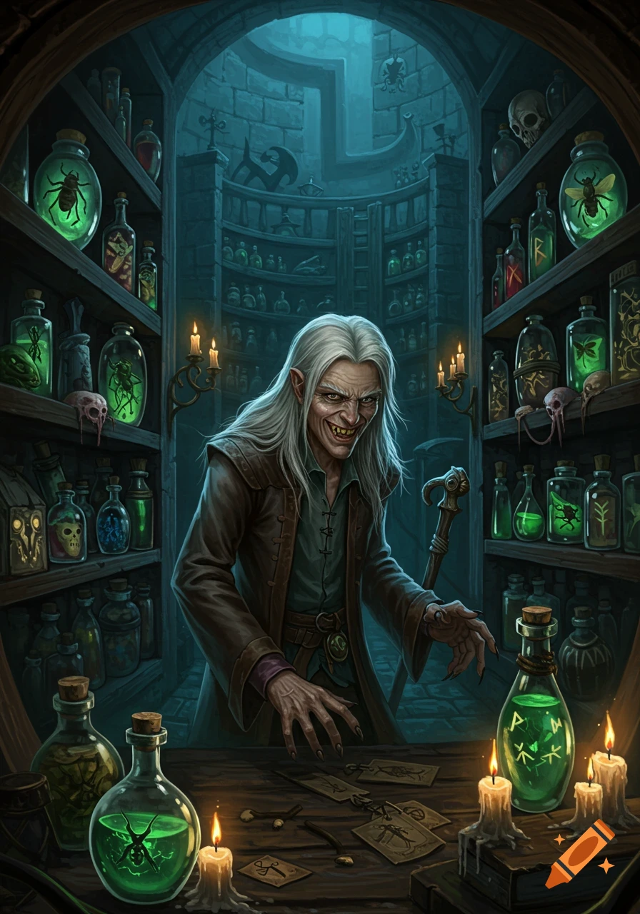 A devious old man with white hair grins in an eerie, potion-filled labyrinth, surrounded by shelves of bottled insects and skulls, in a dark fantasy art style.