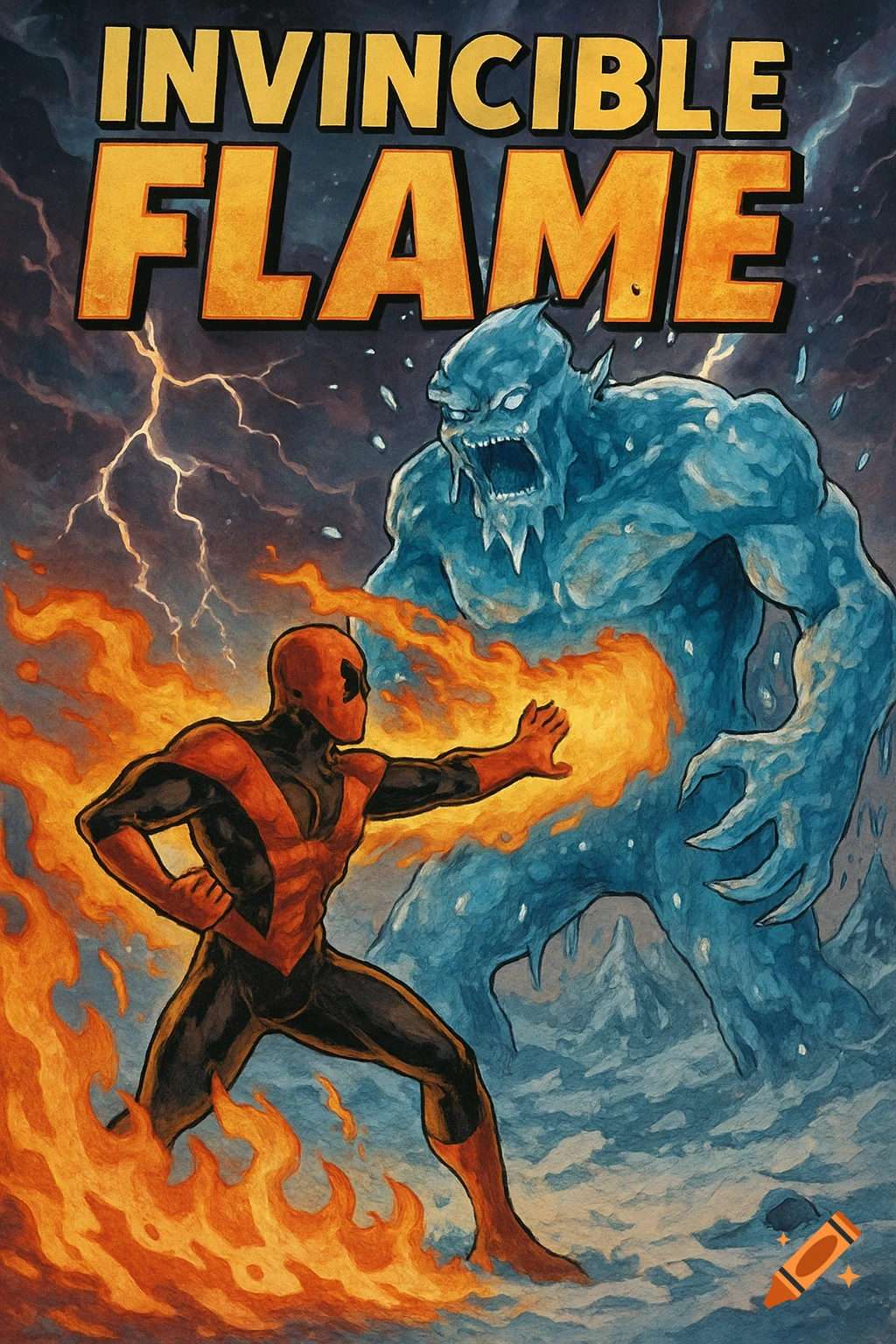 Comic book cover featuring a superhero in a red and black suit fighting a blue ice monster, with the title 'Invincible Flame'.