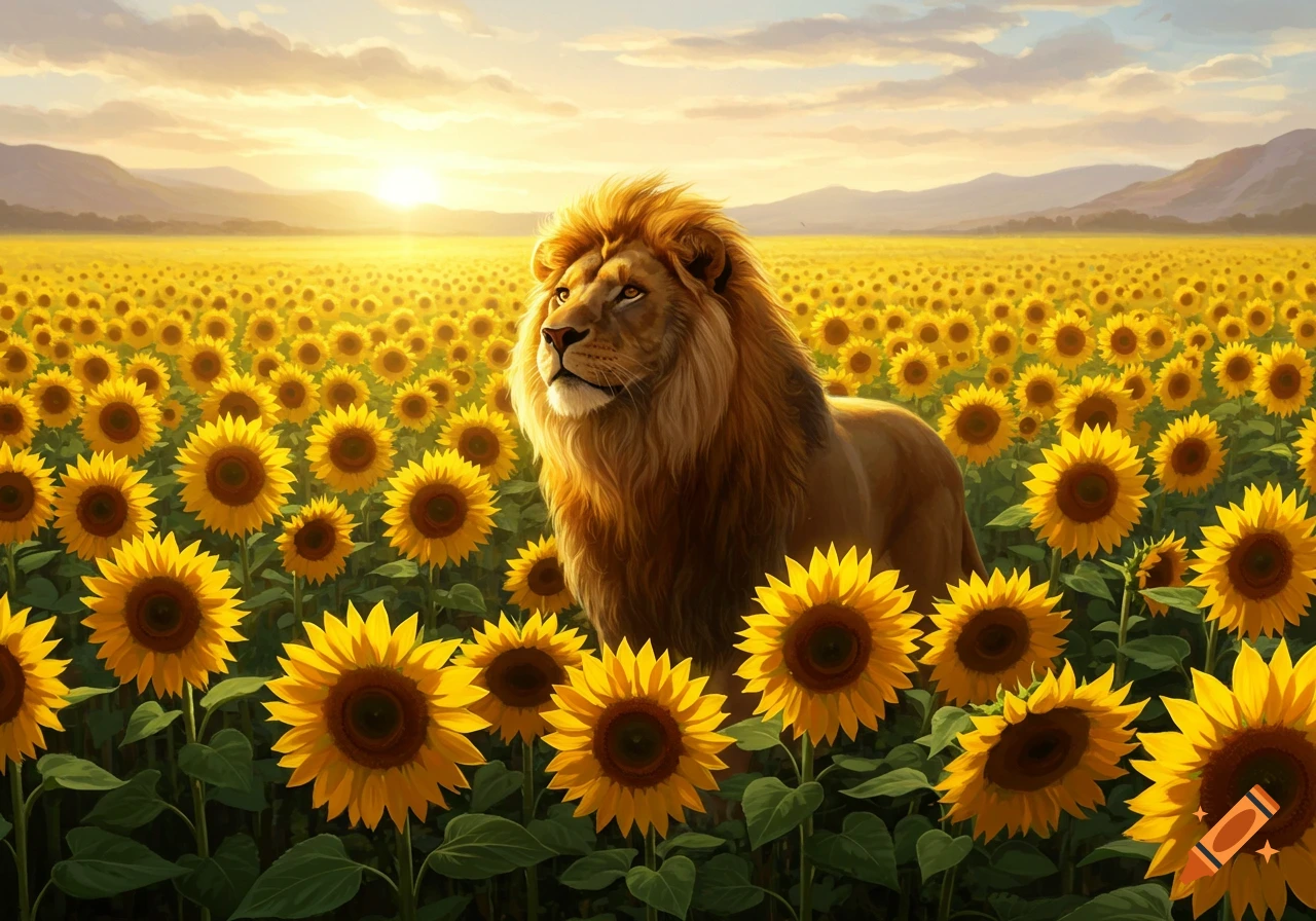 A majestic lion stands tall in a vast field of bright yellow sunflowers under a warm sunset sky. Photorealistic.