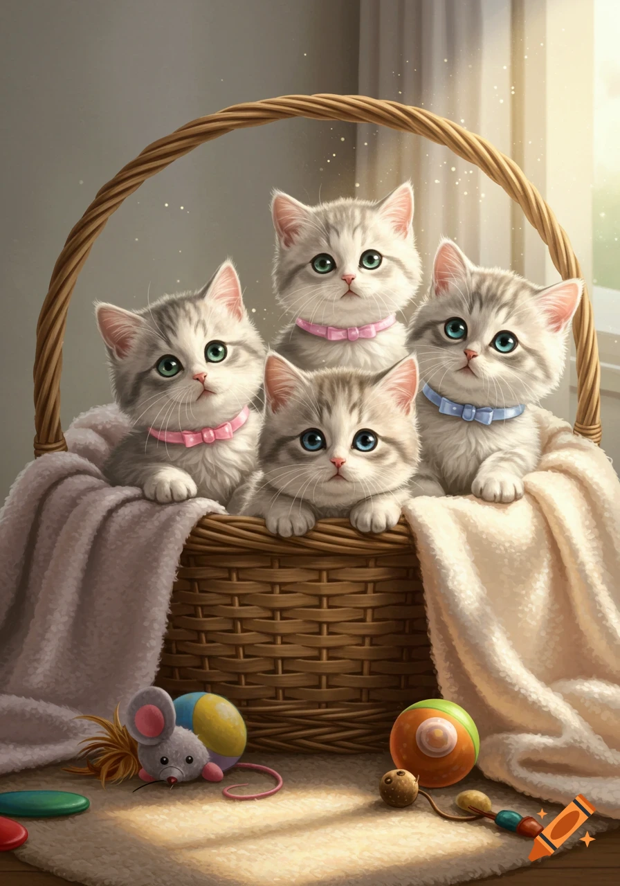 Four cute fluffy kittens in a wicker basket with blankets and toys in a sunlit room, digital art.