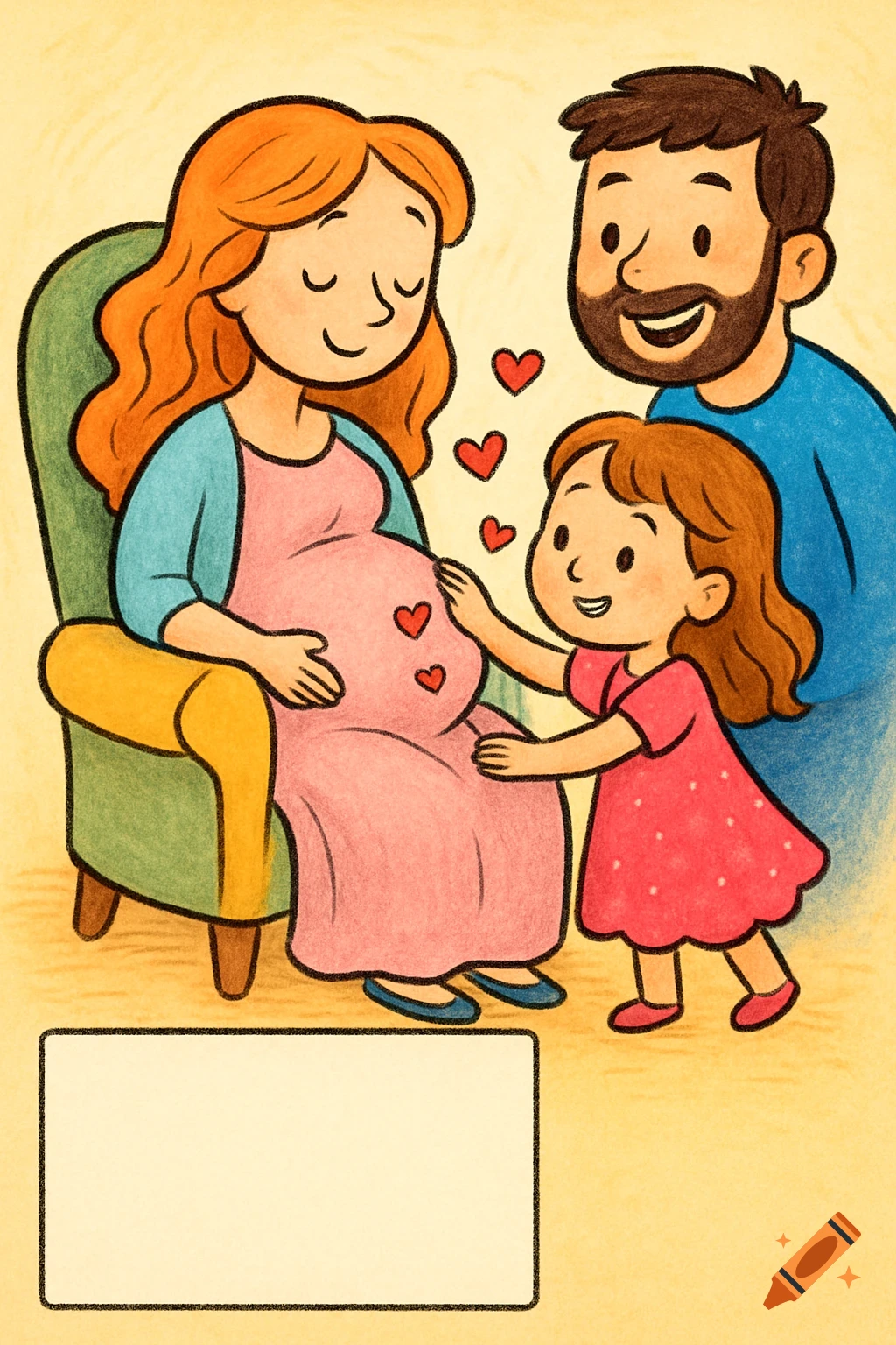 A warm cartoon illustration of a pregnant mother sitting, a young girl touching her belly with hearts, and a smiling father.