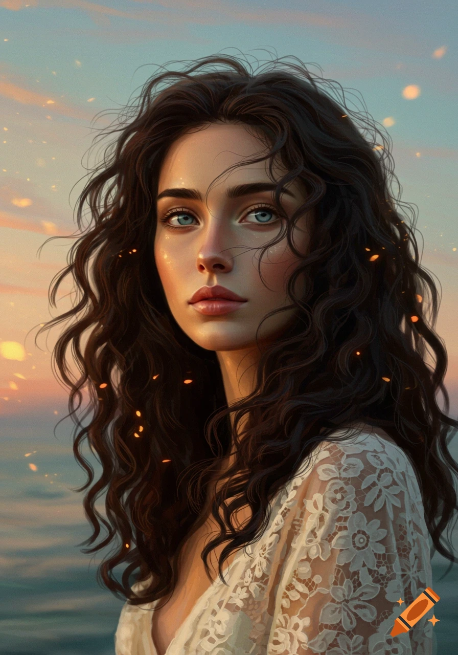 Close-up portrait of a woman with long, wavy dark hair and blue eyes, wearing a white lace top, against a soft sunset sky with sparkling bokeh.