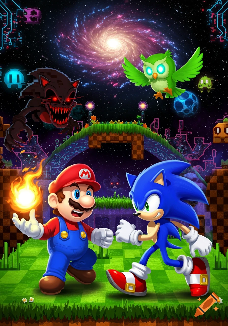 Super Mario and Sonic the Hedgehog face off on a Green Hill Zone-like platform under a galaxy sky, with an evil Sonic.exe and a green owl in the background.