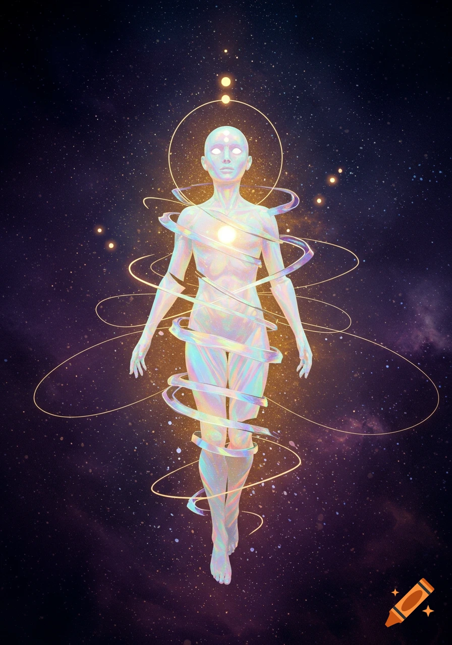 Ethereal, glowing, iridescent human-like figure with swirling golden light against a starry cosmos.