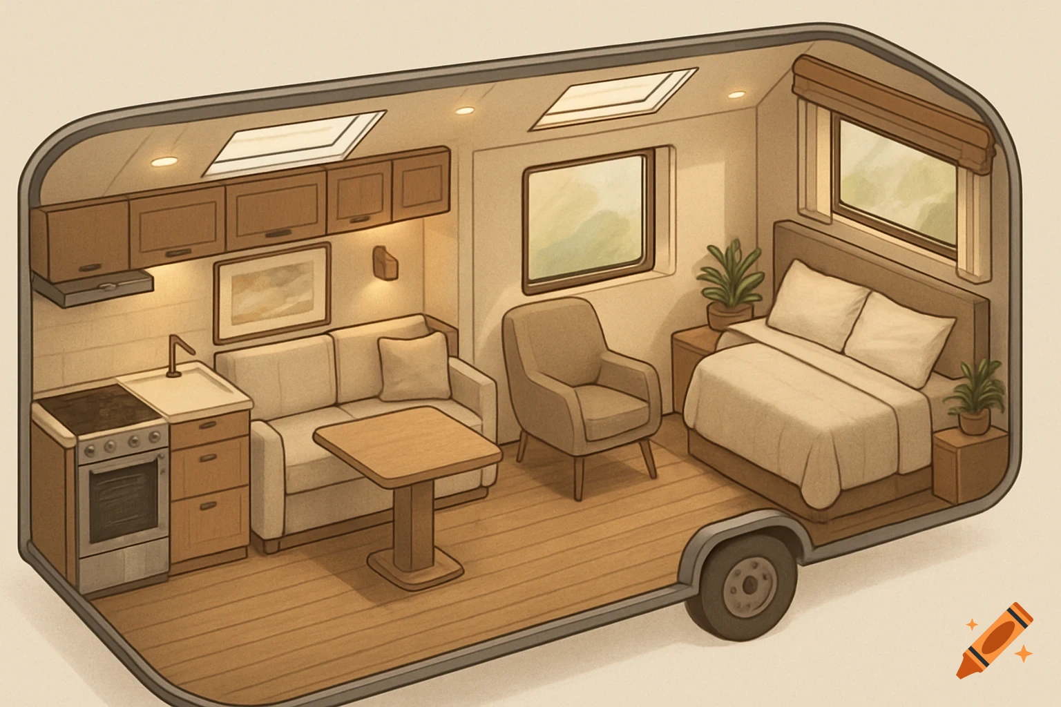 Isometric illustration of a modern RV interior with a kitchen, living area, and bedroom.